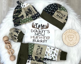 Boys Coming Home Outfit, Camo Deer Daddy&#39;s Hunting Buddy Personalized Baby Boy Outfit
