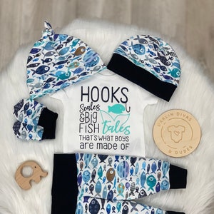 Fishing Baby Boy Coming Home Outfit: Fish Print Bodysuit Set