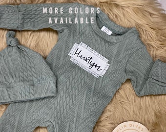 Baby Going Home Cable Knit Outfit, Personalized and Includes romper and hat made out of Soft Cable Knit