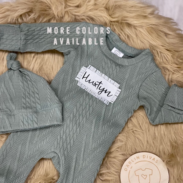 Baby Going Home Cable Knit Outfit, Personalized and Includes romper and hat made out of Soft Cable Knit