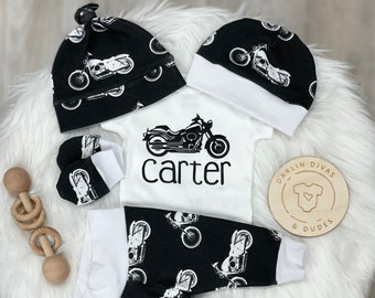 Motorcycle Baby Boy Take Home Outfit, Personalized Baby Boy Baby Shower Gift