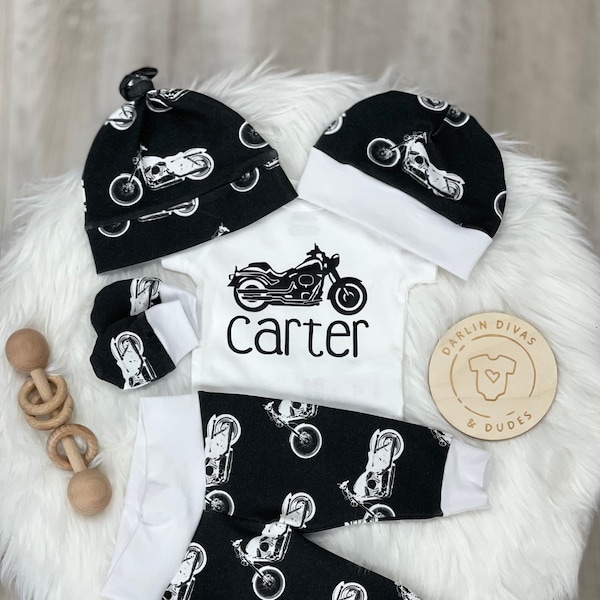 Motorcycle Baby Boy Take Home Outfit, Personalized Baby Boy Baby Shower Gift