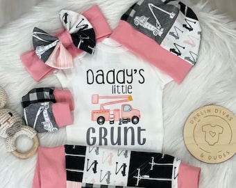 Baby Girl Daddy LINEMAN Coming Home Outfit, Daddy's Little Grunt Lineman Girl's Set, Baby Shower Gift, Pink Black Gray