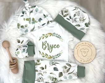 Boys Boho Eucalyptus Infant Outfit, Personalized Coming Home Baby Boy Outfit, Take Home Newborn Outfit, Baby Boy Layette, Baby Shower