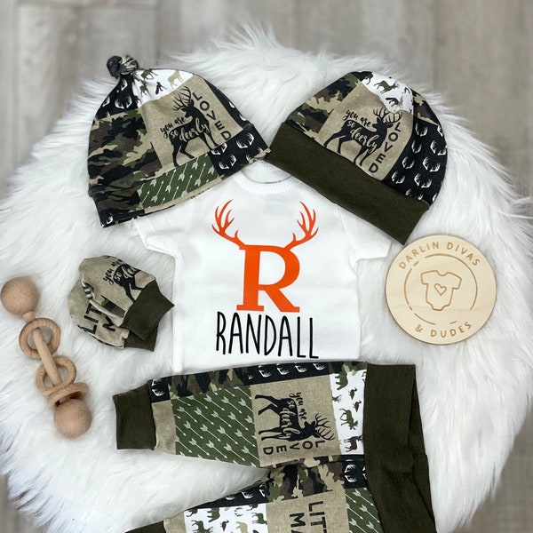 Boys Coming Home Outfit, Camo Deer Hunting Antler Personalized Baby Boy Outfit, Little Man Newborn , Baby Boy Layette Hat Set