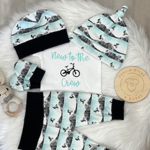 BMX Bike Baby Boy Take Home Outfit, New to the Crew Riding Buddy Baby Boy, Baby Shower Gift, BMX Racing Bike Baby Outfit