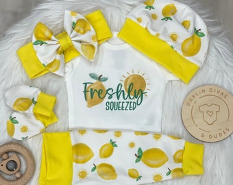 Lemon Baby Girl Outfit: Freshly Squeezed Bodysuit, Pants, Hat & Mittens
