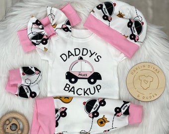 Daddy Police Baby Girl Coming Home Outfit, Daddy's Backup