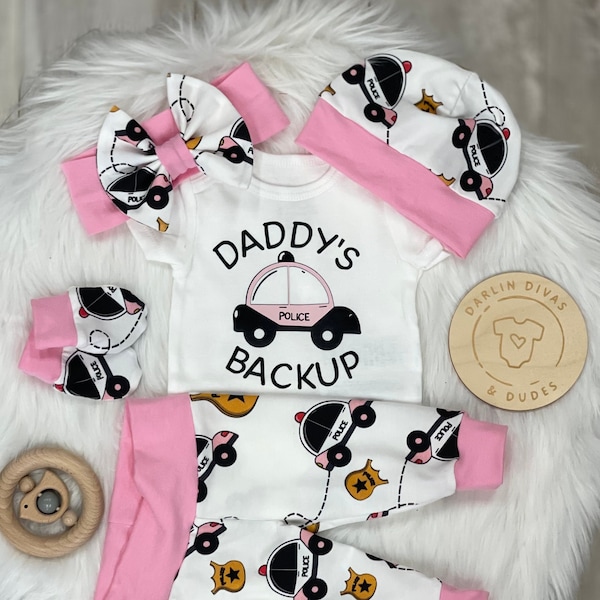 Daddy Police Baby Girl Coming Home Outfit, Daddy's Backup