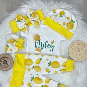 Lemon Sunshine Personalized Girl's Coming Home Outfit,  Newborn Baby Girl Take Home Outfit, Girl Layette, Baby Shower Gift
