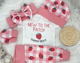 Strawberry Girl's Coming Home Outfit,  New to the Patch Newborn Baby Girl Outfit, Take Home Newborn Outfit, Girl Layette, Baby Shower Gift