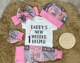 Baby Girl Daddy WELDER Coming Home Outfit, Pink Welder Helper