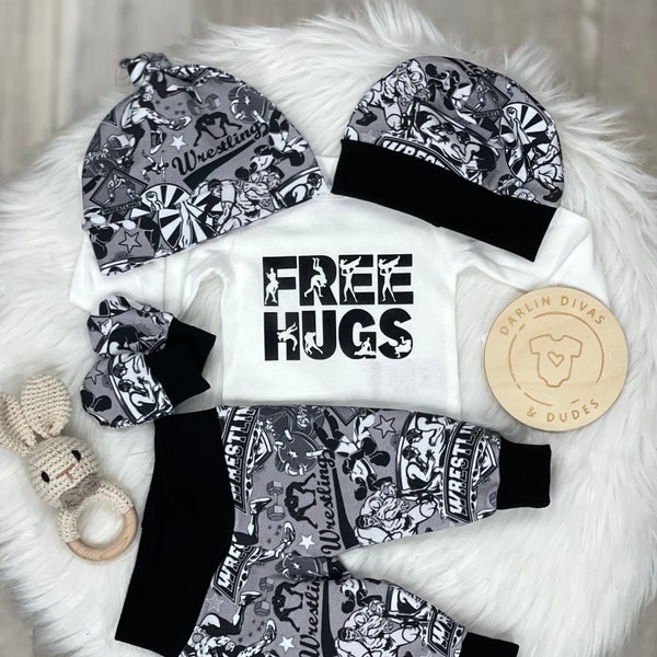 Wrestling Theme Free Hugs Baby Outfit,  Coming Home Baby Boy