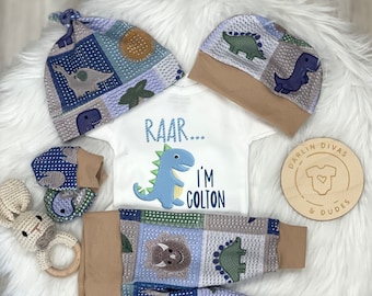 Baby Boys Dinosaur Coming Home Outfit, "Raar I'm" Personalized Baby Boy Outfit,  Newborn Boy Set, Baby Shower Gift, Faux Embroidered Fabric