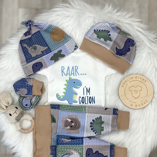 Baby Boys Dinosaur Coming Home Outfit, "Raar I'm" Personalized Baby Boy Outfit,  Newborn Boy Set, Baby Shower Gift, Faux Embroidered Fabric