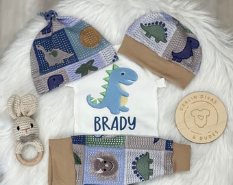 Dinosaur Baby Boys Coming Home Outfit, Personalized Baby Boy Outfit,  Newborn Boy Set, Baby Shower Gift, Embroidered Fabric look