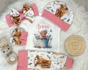 Baby Girls Highland Cow Coming Home Outfit, Personalized