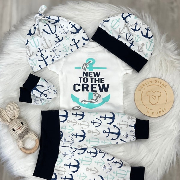 New to the Crew Boys Coming Home Outfit, Anchor Baby Boy Outfit, Take Home Newborn Outfit, Navy, White, Aqua, Baby Shower Gift Boy, Nautical