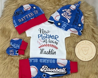 Baby Boy Coming Home Outfit, Baseball Personalized Baby Boy Outfit, Take Home Newborn Outfit, Retro Baby Boy Layette and Hat Set