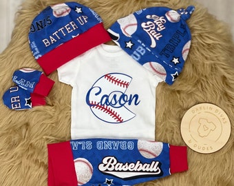 Baby Boy Baseball Coming Home Outfit, Personalized Boys Outfit, Hospital Take Home Newborn Outfit, Retro Baby Layette and Hat Set