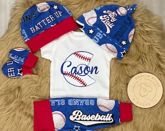 Baby Boy Baseball Coming Home Outfit, Personalized Boys Outfit, Hospital Take Home Newborn Outfit, Retro Baby Layette and Hat Set