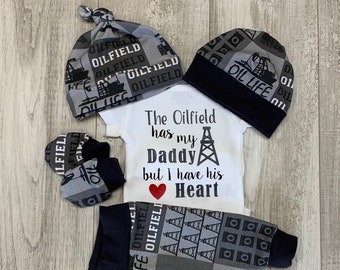 Boys OILFIELD Newborn Coming Home Outfit, The Oilfield has my Daddy but I have his Heart, Gray and Black