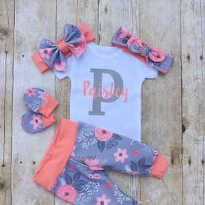 Personalized Baby Girl Take Home Outfit, Floral Coral and Grey Girls Baby Set, Infant Outfit,  Baby Shower Gift