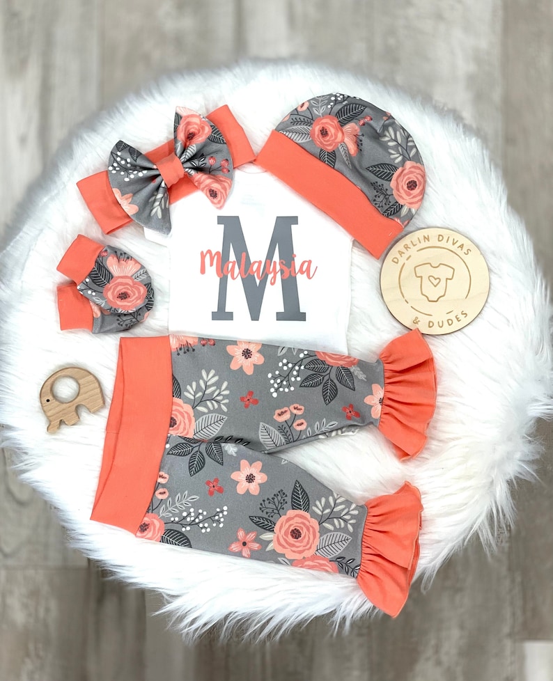 Personalized Baby Girl Take Home Outfit, Coral and Grey Girls Baby Set, Ruffle Infant Outfit, Baby Shower Gift image 1