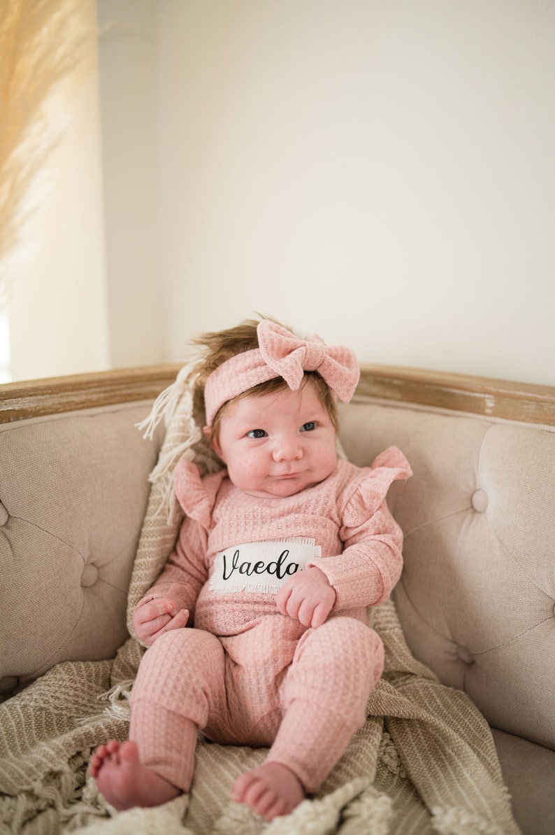 Personalized Going Home Hospital Outfit, Baby Girl Romper with Flutter Sleeves Bow, Waffle Knit image 3