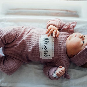 Personalized Going Home Hospital Outfit, Baby Girl Romper with Flutter Sleeves Bow, Waffle Knit image 2