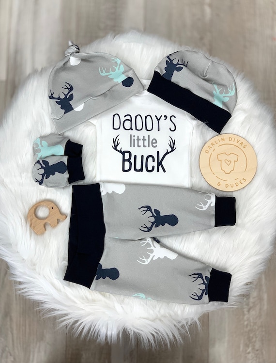 Daddy's Little Buck Baby Boy Outfit, Deer Buck Navy Baby Boy