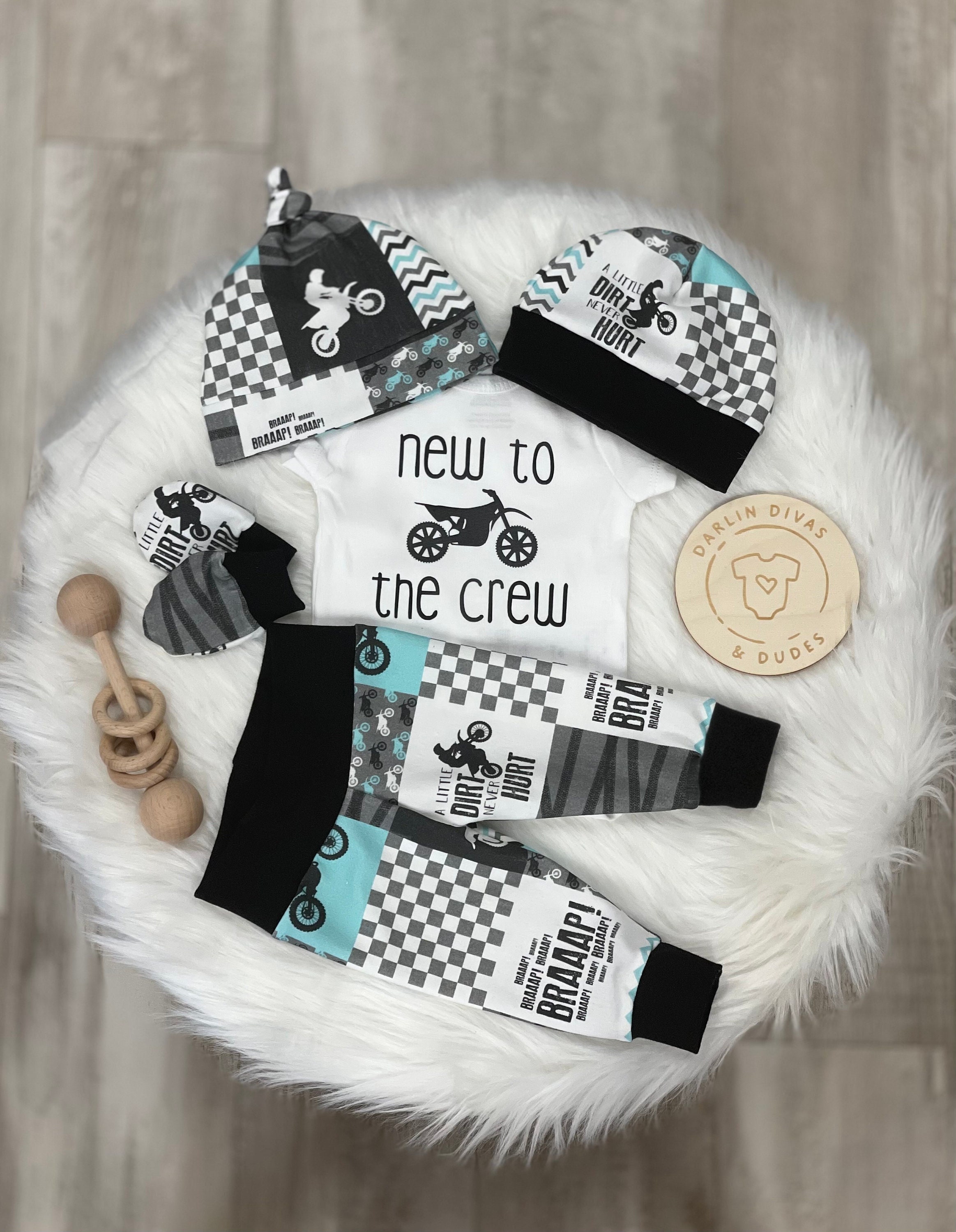 thumbnail image 2 of Baby Motocross Onesie - "New To The Crew" Racing Outfit With Raglan Sleeves, Gerber Bodysuit 2 of 14