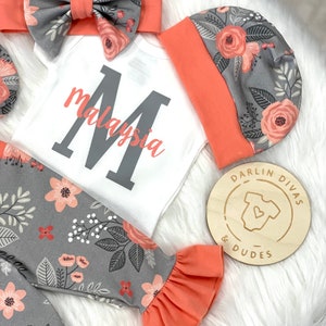 Personalized Baby Girl Take Home Outfit, Coral and Grey Girls Baby Set, Ruffle Infant Outfit, Baby Shower Gift image 2