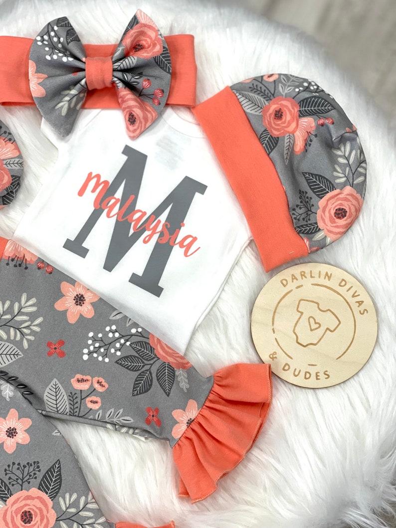 Personalized Baby Girl Take Home Outfit, Coral and Grey Girls Baby Set, Ruffle Infant Outfit, Baby Shower Gift image 2