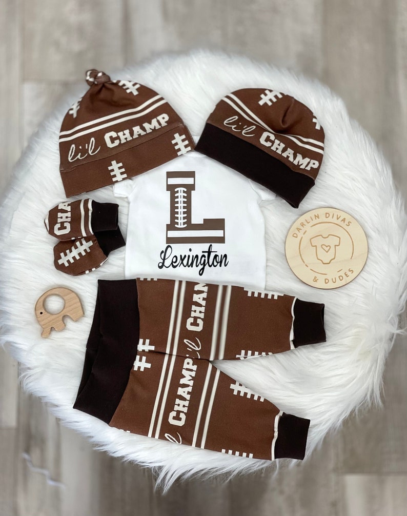 Football Personalized Boys Coming Home Outfit, Baby Boy Outfit, Brown Take Home Newborn Outfit, Retro Baby Boy Layette and Hat Set image 1