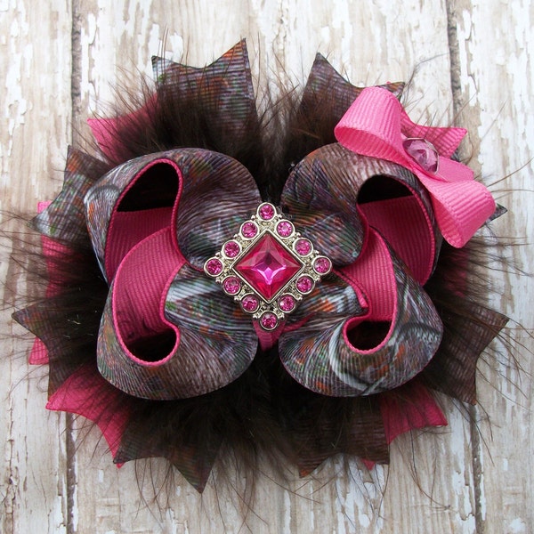 Real Camo and Hot Pink Bow Fluffy Boutique Bow with Rhinestone Button Center