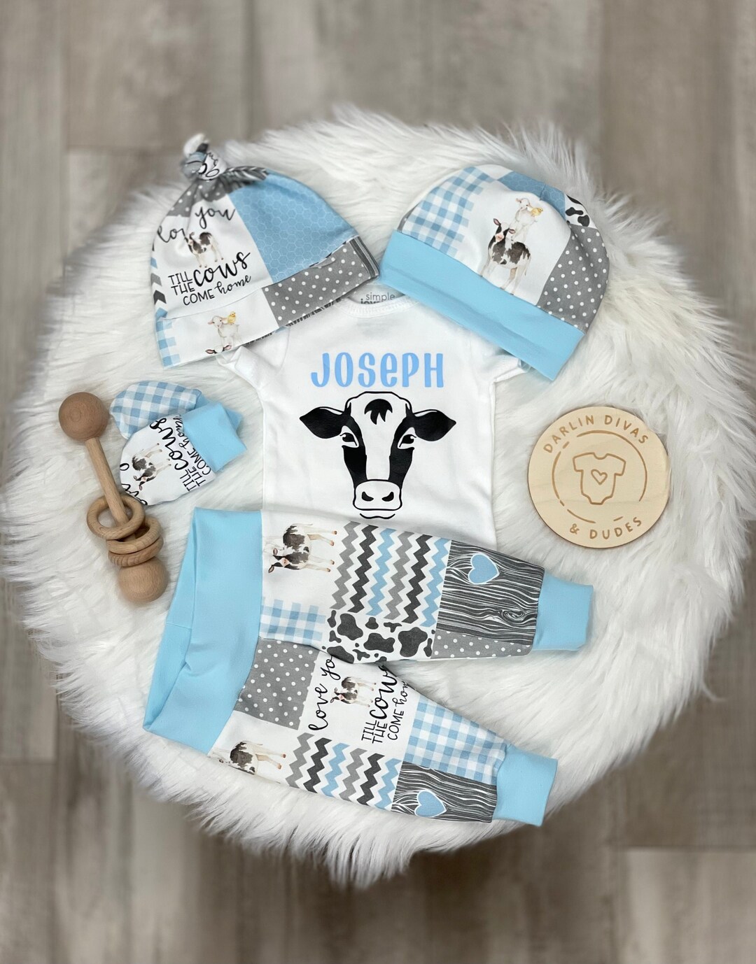 Personalized Boy Cow Coming Home Outfit, Cow Hide Baby Boy Outfit, Newborn Outfit, Baby Shower