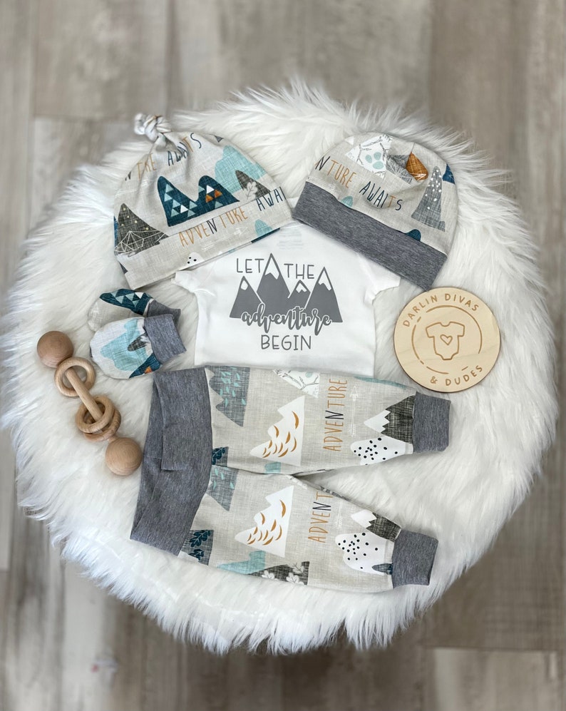 Boys Coming Home Outfit, Let the Adventure Begin Baby Boy Outfit, Take Home Newborn Outfit, Baby Shower Gift, Boy Layette and Hat Set image 1