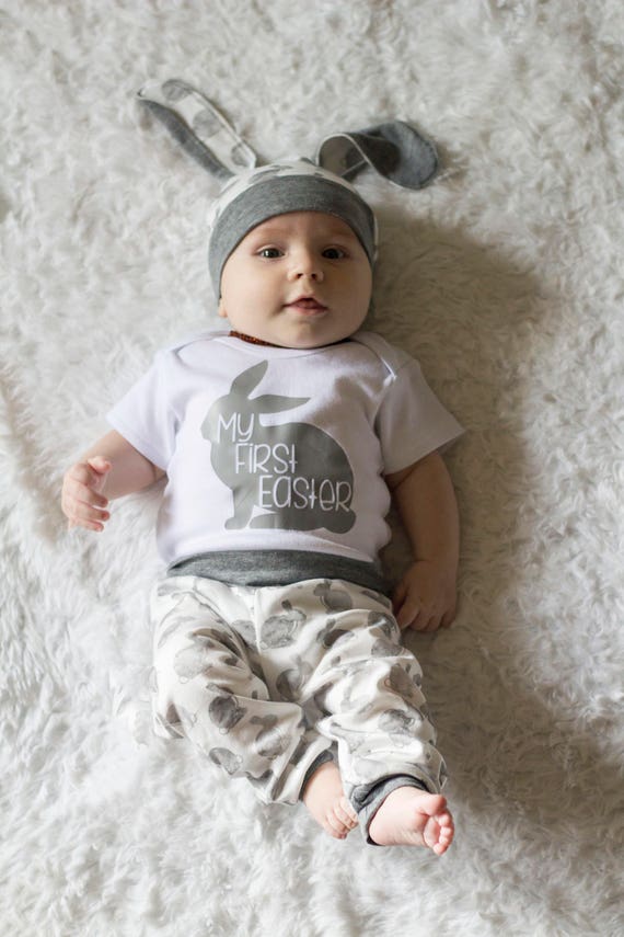 My First Easter Outfit, Baby Boy Easter, Bunny Rabbit Easter Set, Gray Grey  Bunny Hat, Bodysuit, Pants Set, Newborn Infant Outfit Set, 