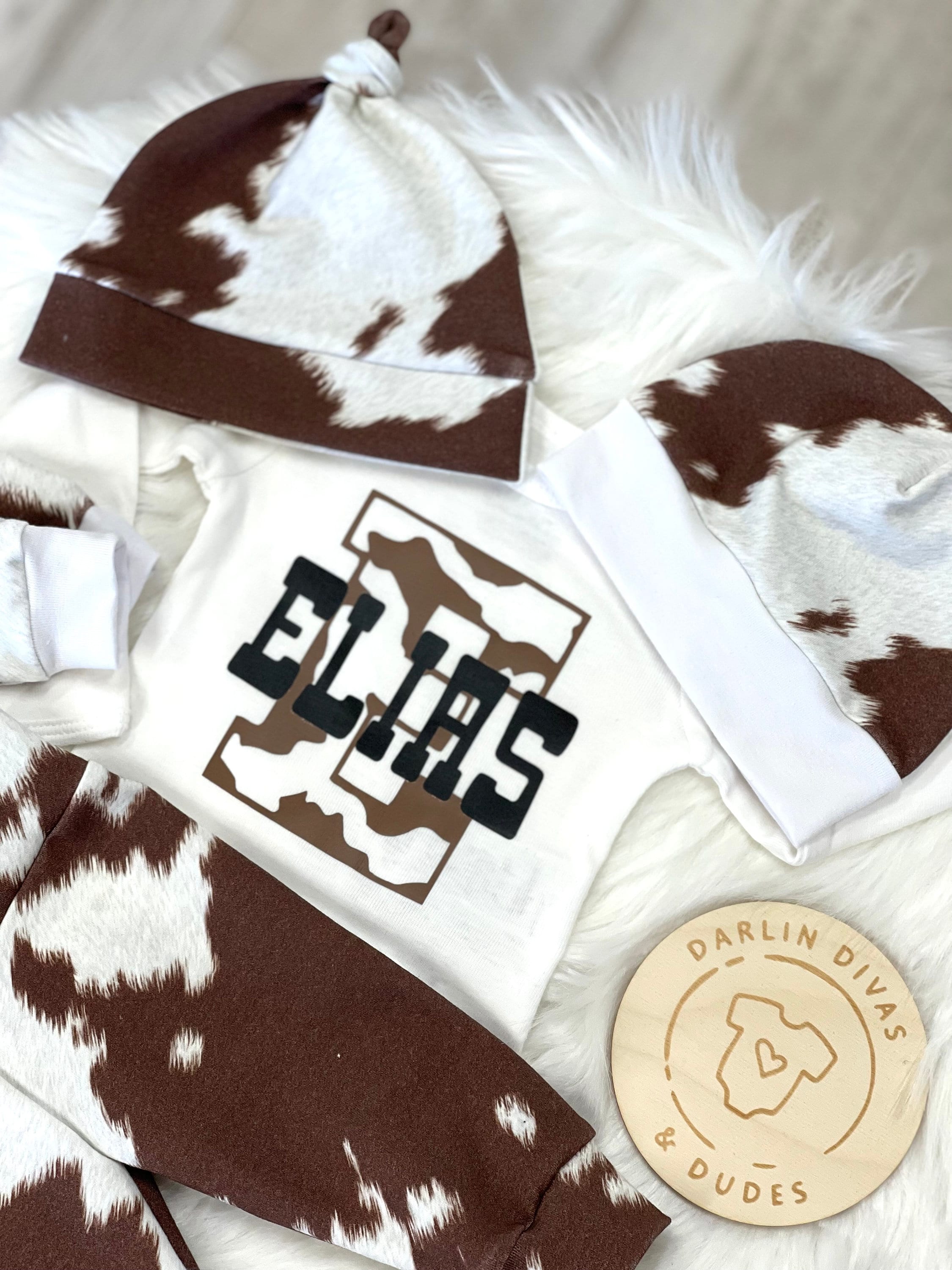 Country Boy Personalized Coming Home Outfit, Cow Hide Country Baby Boy Outfit, Newborn Outfit, Baby Shower Gift, Boy Layette, Little Cowboy