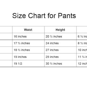 May include: Size chart for pants with measurements in inches for newborn to 12 months. The chart shows waist, height, and inseam measurements.