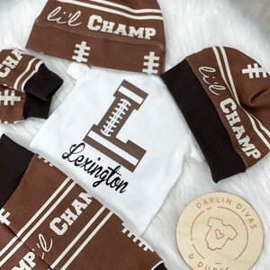 Football Personalized Boys Coming Home Outfit, Baby Boy Outfit, Brown Take Home Newborn Outfit, Retro Baby Boy Layette and Hat Set image 2