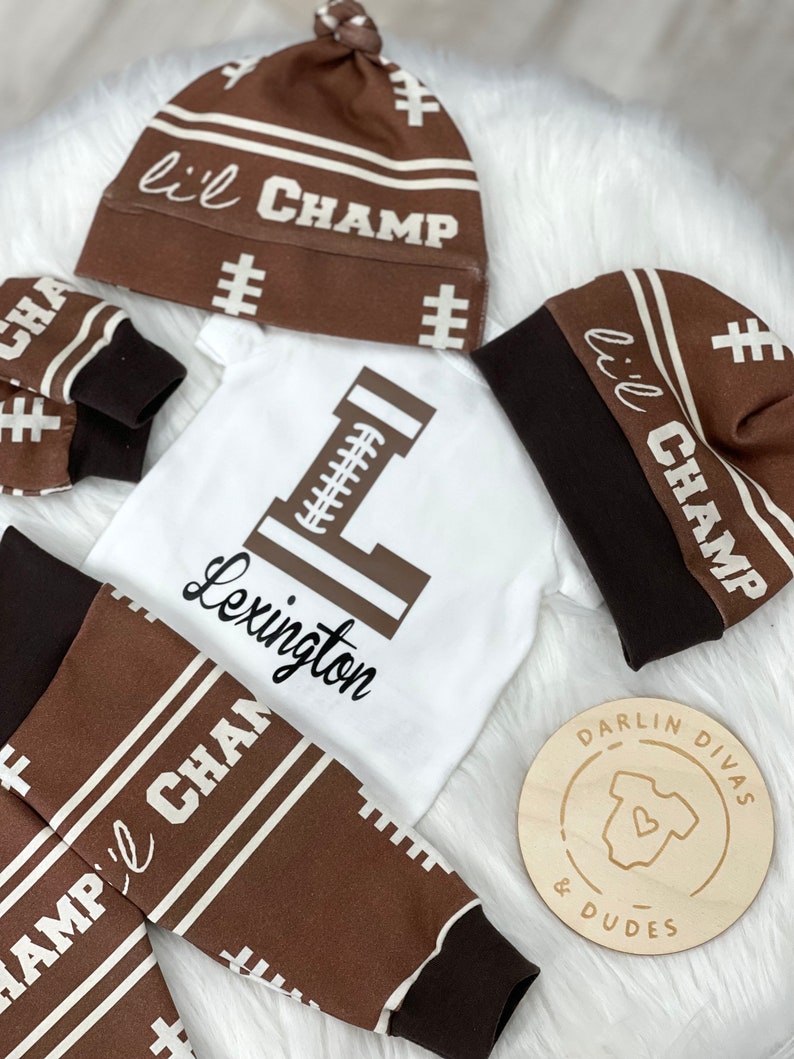 Football Personalized Boys Coming Home Outfit, Baby Boy Outfit, Brown Take Home Newborn Outfit, Retro Baby Boy Layette and Hat Set image 2