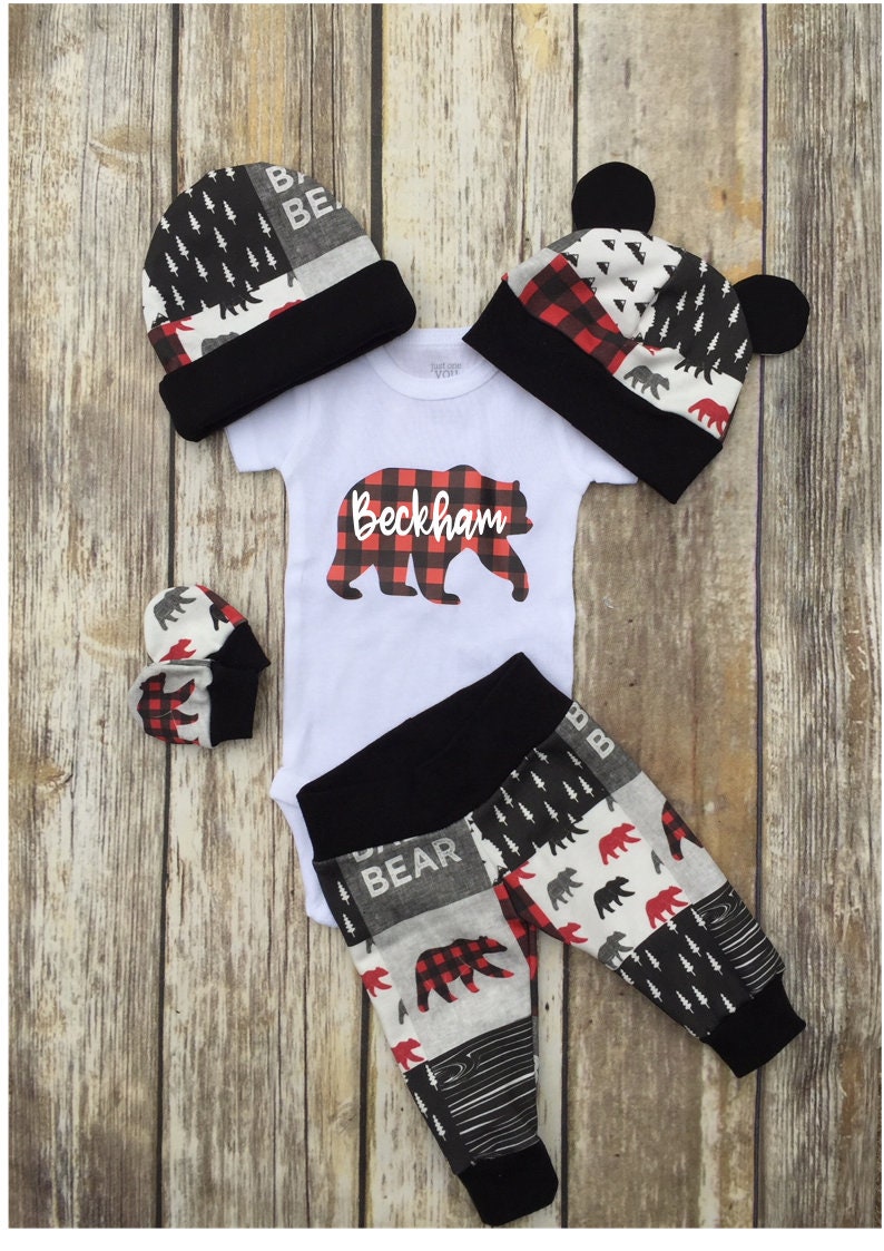 Boys Coming Home Outfit Buffalo Plaid Baby Bear Personalized | Etsy
