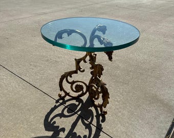 Vintage Hollywood Regency Side Table, Heavy Glass 3/4-Inch Top