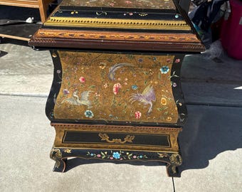 Toleware Decorative Box On Stand/Legs, Chinoiserie Hand-Painted Birds Floral Gold Leaf Black Lacquer 24.5 in Tall