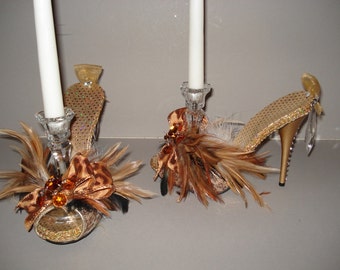 High Heel Candle Sticks  "Dining with a Diva" gold leopard