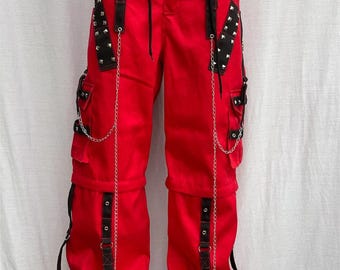 Hand-Stitched Gothic Panel Pants: Black Cotton Buckle Straps, Chain Detail