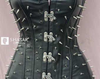 手作りの黒革スパイク付きコルセット：ゴシックパンク風スチールボーン入りウエストトレーナー