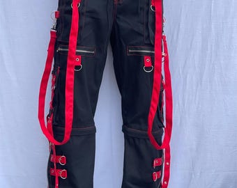 Hand-Stitched Gothic Streetwear Pants: Black Punk Buckle Trousers with White Straps